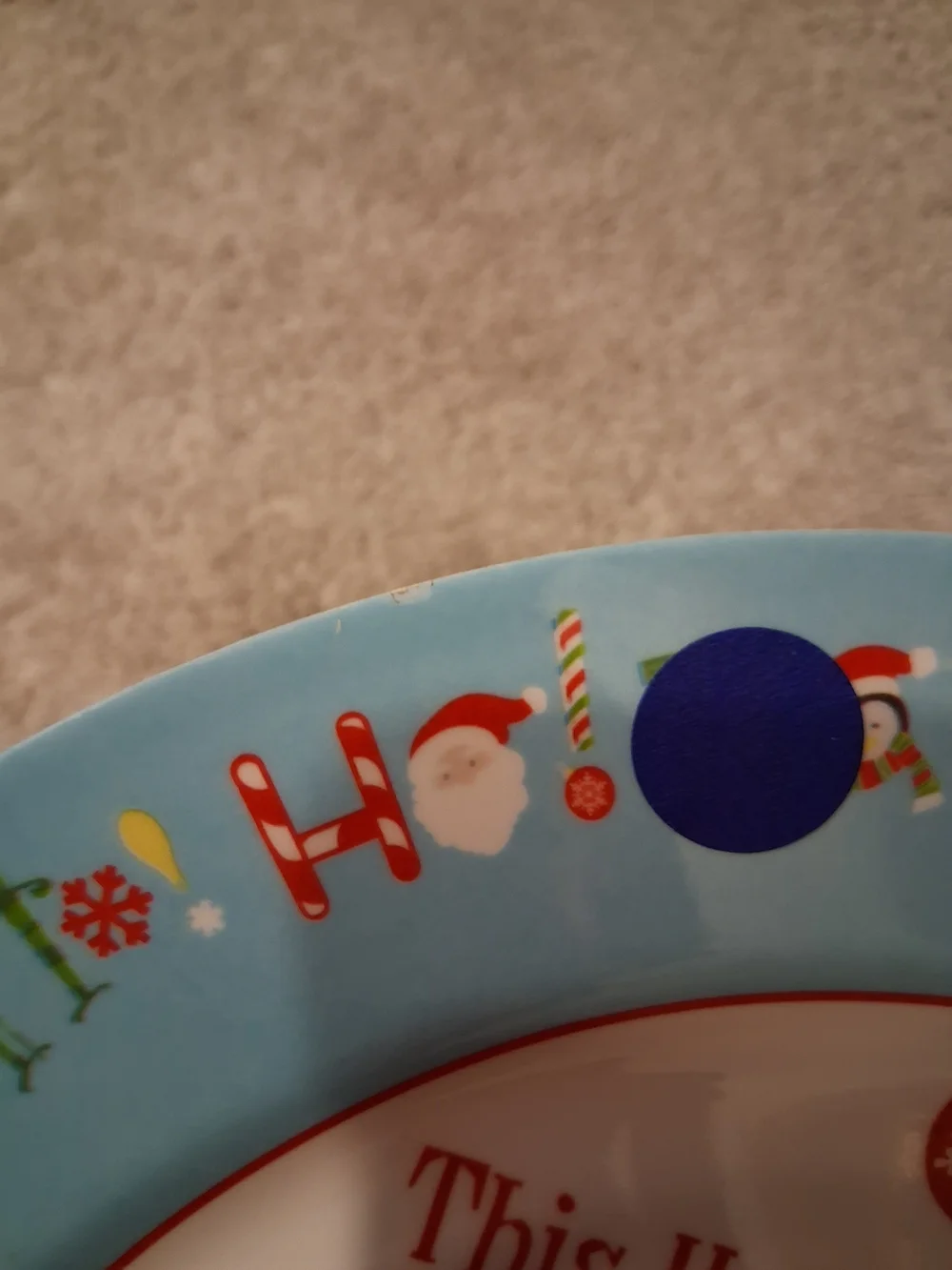 Blue Holiday Treat Plate with Festive Red Text
